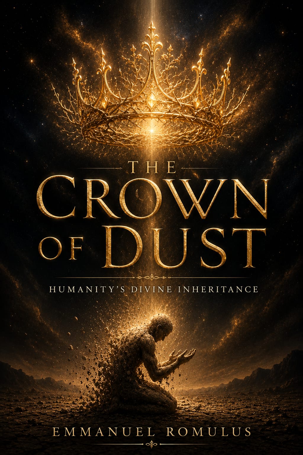 The Crown of Dust book cover — a golden crown suspended over a kneeling figure of dust, against a starfield